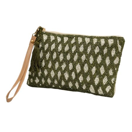 Green Beaded Cotton Clutch Hand Bag For Women 
